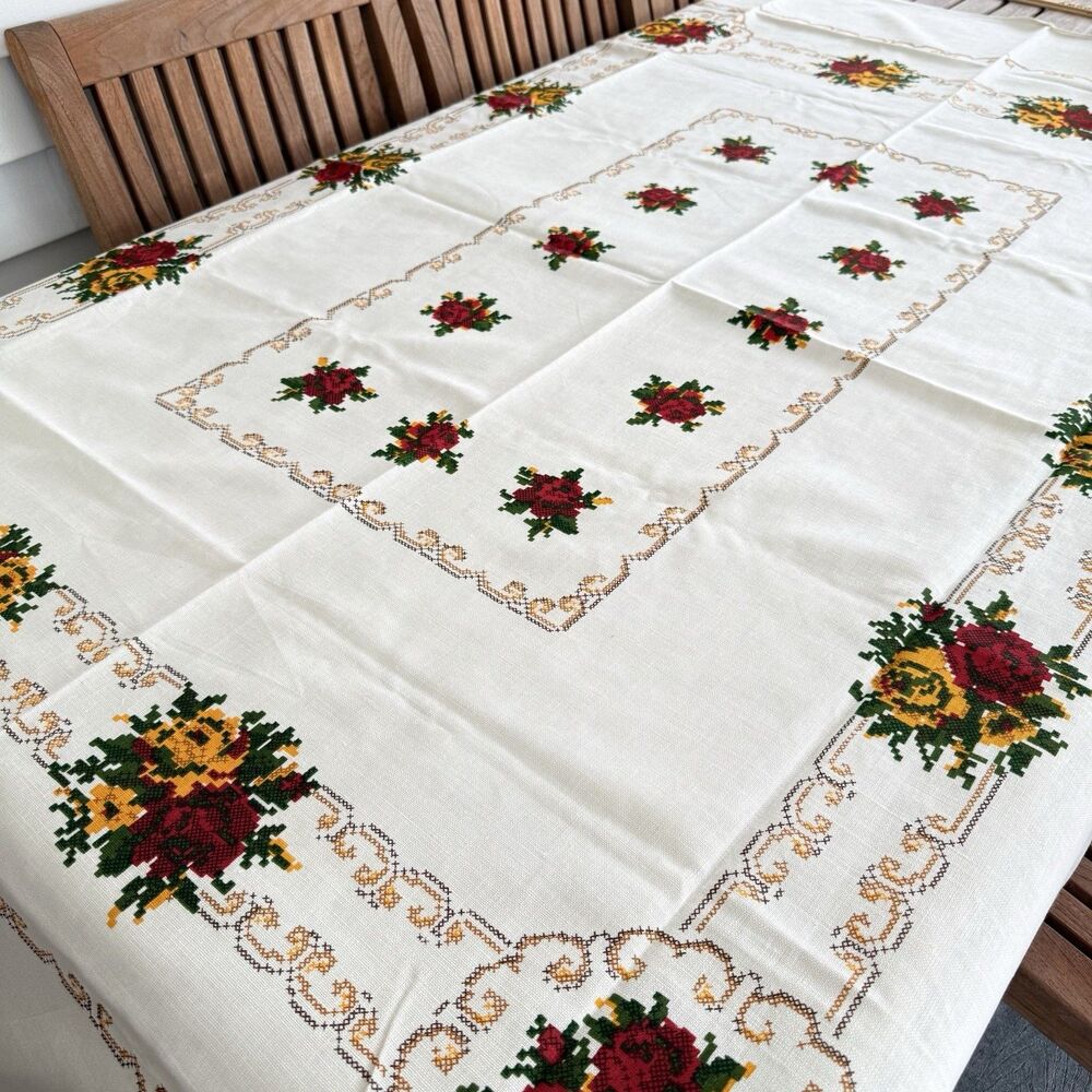 Vtg MCM Polish Linen Tablecloth Garden Collection Floral Petit Point 60x79 NOS - Picture 5 of 8